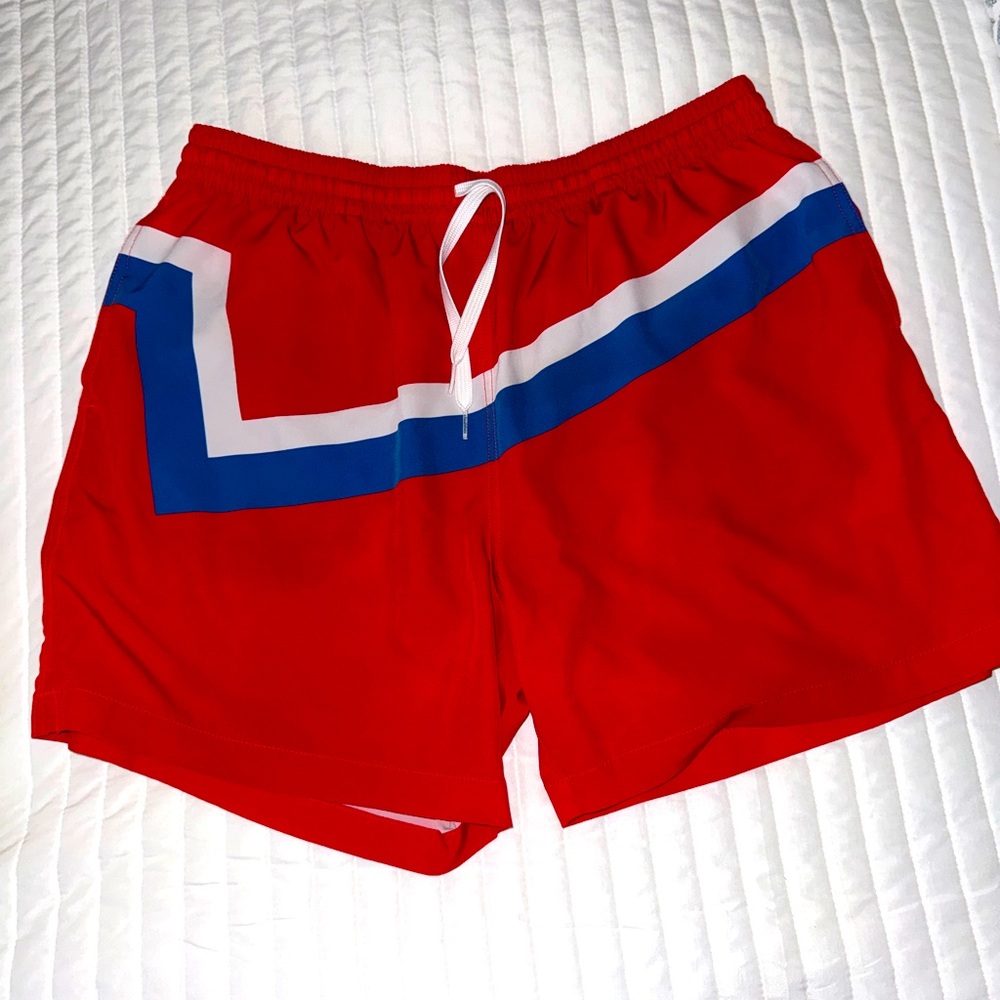 Vibrant Red and Blue Swim Trunks
